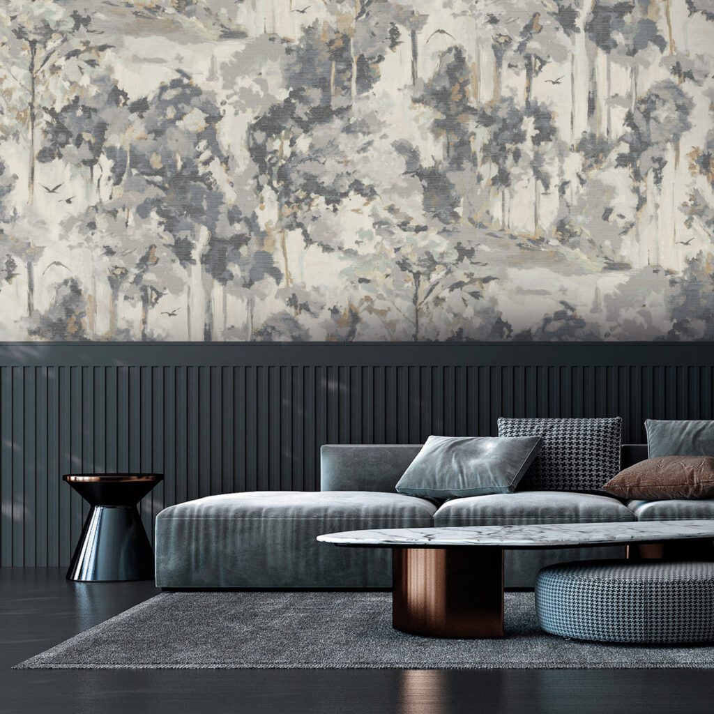 Modern cozy living room and black wall texture background interior design. 3D rendering