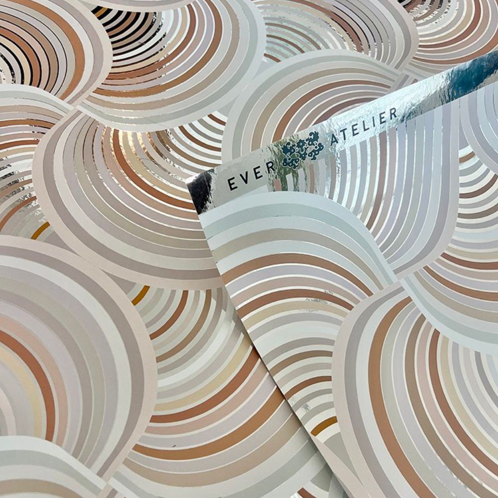 EVER Atelier wallcovering display in showroom, featuring bold, expressive patterns in vibrant colors. Samples available.